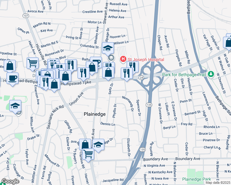 map of restaurants, bars, coffee shops, grocery stores, and more near 8 Seitz Drive in Bethpage