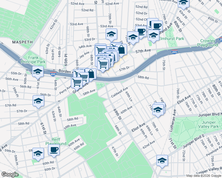 map of restaurants, bars, coffee shops, grocery stores, and more near 6904 69th Street in Queens