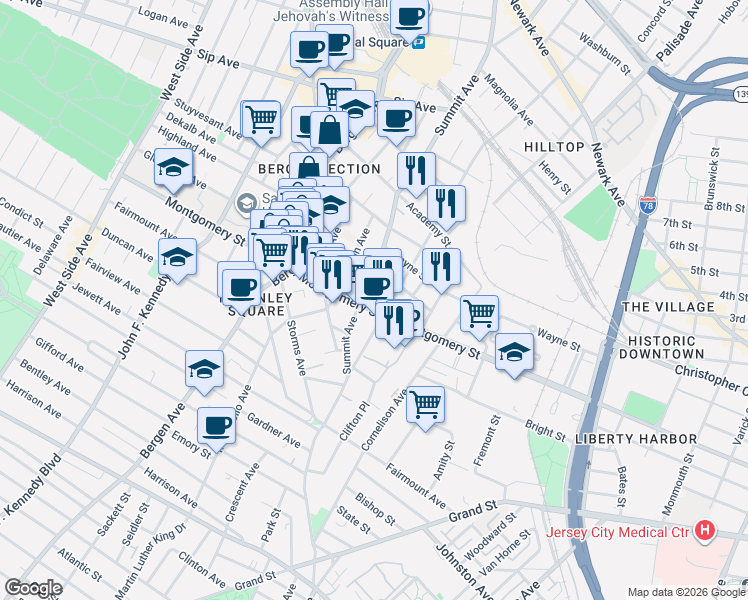 map of restaurants, bars, coffee shops, grocery stores, and more near 650 Montgomery Street in Jersey City