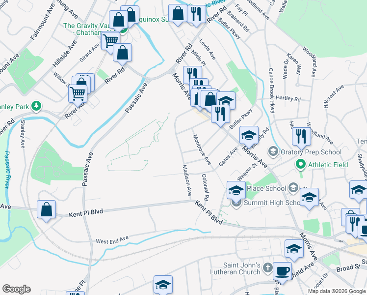 map of restaurants, bars, coffee shops, grocery stores, and more near 61 Madison Avenue in Summit