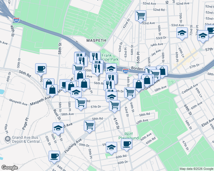 map of restaurants, bars, coffee shops, grocery stores, and more near 60-36 56th Avenue in Queens