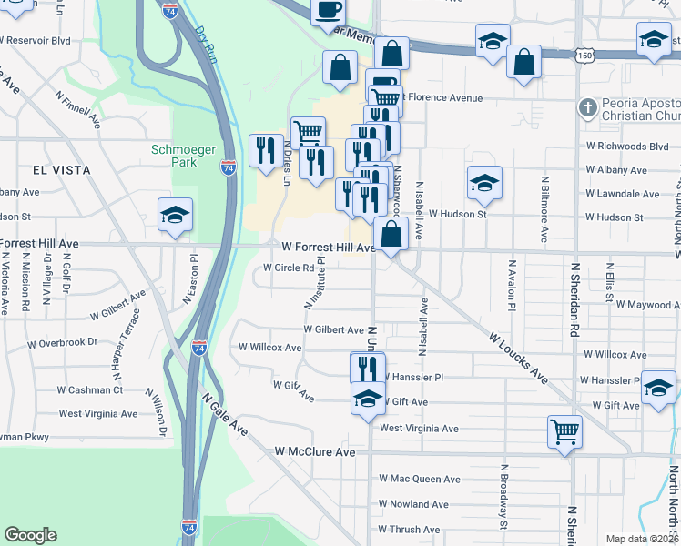 map of restaurants, bars, coffee shops, grocery stores, and more near 1402 West Forrest Hill Avenue in Peoria