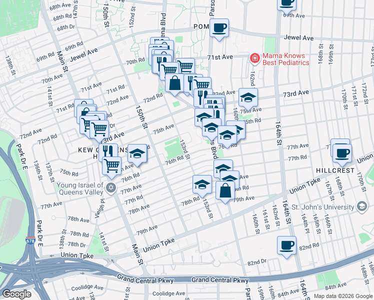 map of restaurants, bars, coffee shops, grocery stores, and more near 75-10 153rd Street in Queens