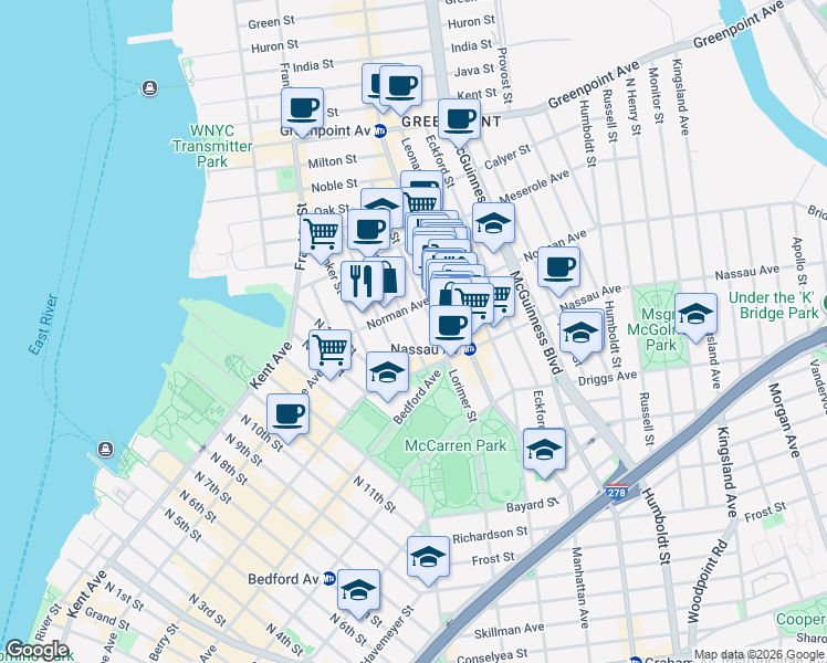 map of restaurants, bars, coffee shops, grocery stores, and more near 62 Norman Avenue in Brooklyn