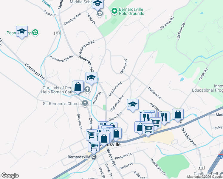 map of restaurants, bars, coffee shops, grocery stores, and more near 16 Old Army Road in Bernardsville
