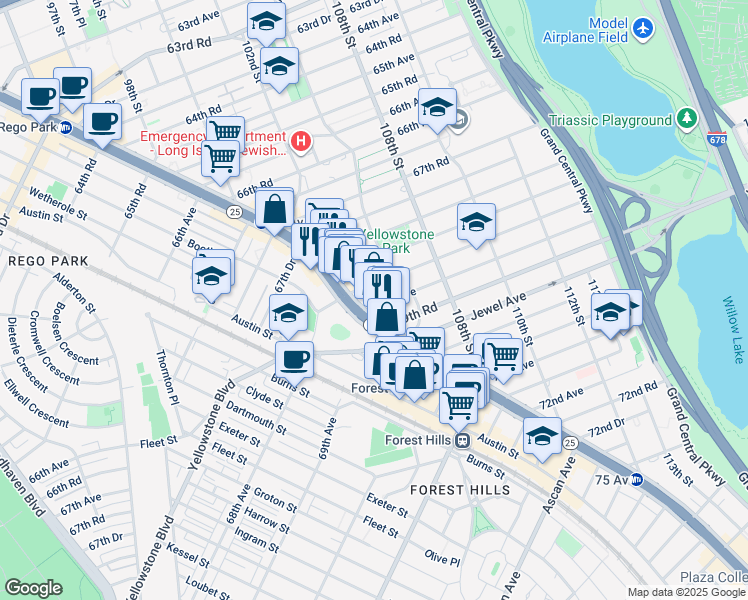 map of restaurants, bars, coffee shops, grocery stores, and more near 105-05 69th Avenue in Queens