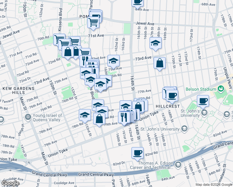 map of restaurants, bars, coffee shops, grocery stores, and more near 16019 76th Road in Queens
