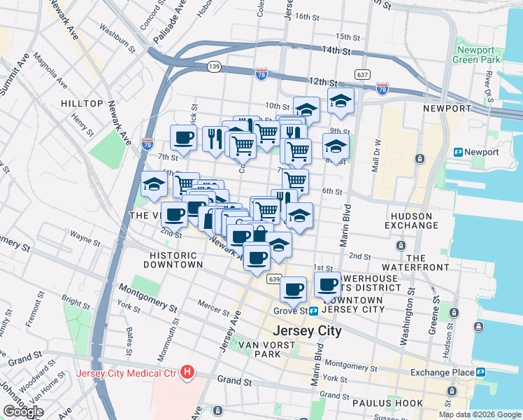 map of restaurants, bars, coffee shops, grocery stores, and more near 272 5th Street in Jersey City