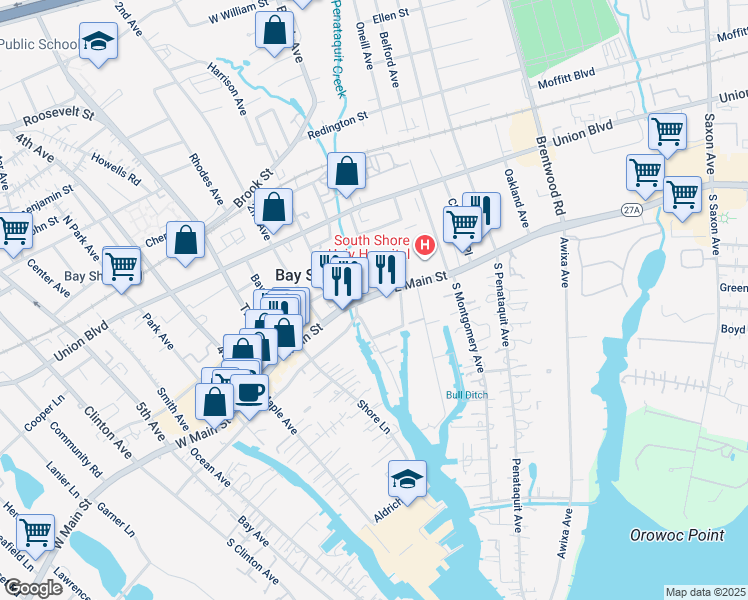 map of restaurants, bars, coffee shops, grocery stores, and more near 200 East Main Street in Bay Shore