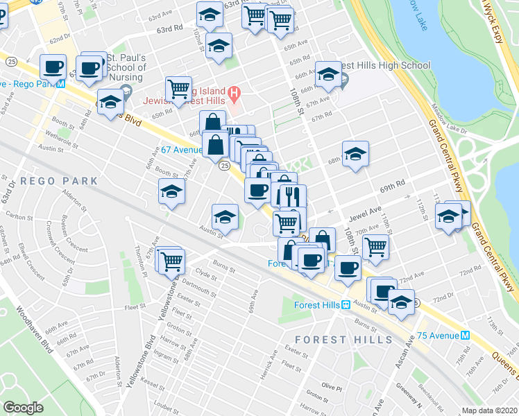 map of restaurants, bars, coffee shops, grocery stores, and more near Queens Blvd & 68th Dr in Rego Park