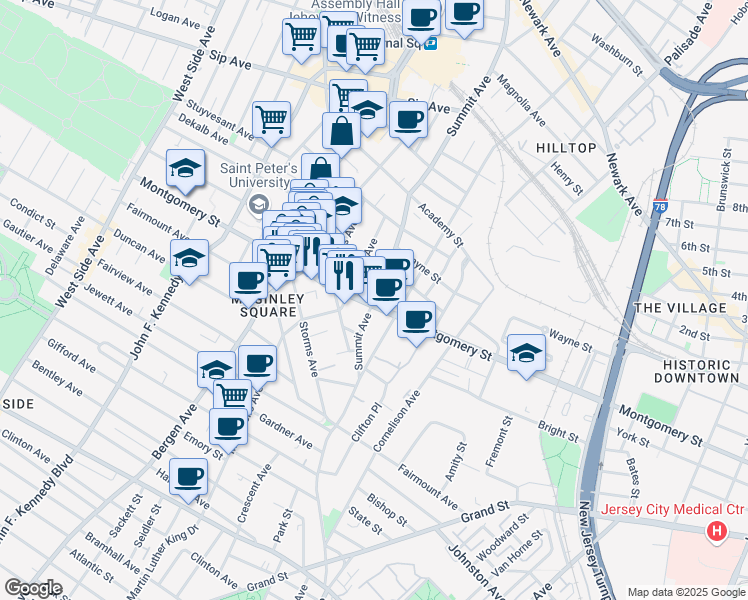 map of restaurants, bars, coffee shops, grocery stores, and more near 261 Summit Avenue in Jersey City