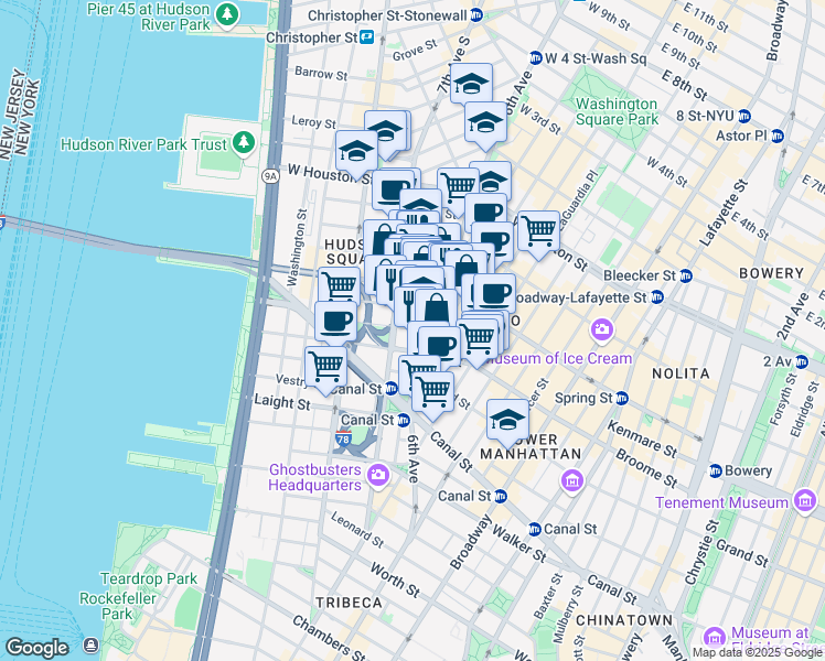 map of restaurants, bars, coffee shops, grocery stores, and more near 551 Broome Street in New York