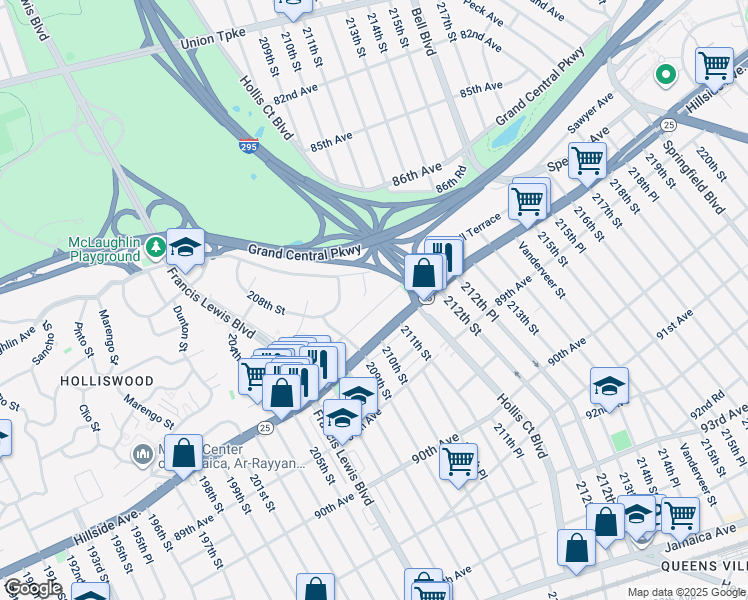 map of restaurants, bars, coffee shops, grocery stores, and more near 210-40 Grand Central Parkway in Queens