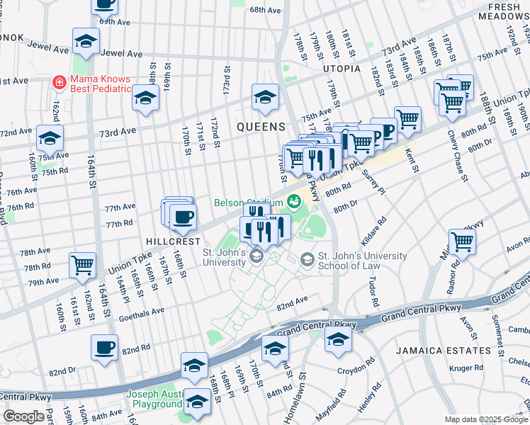 map of restaurants, bars, coffee shops, grocery stores, and more near in Queens