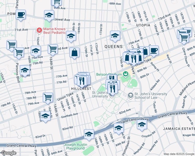 map of restaurants, bars, coffee shops, grocery stores, and more near 76-53 172nd Street in Queens