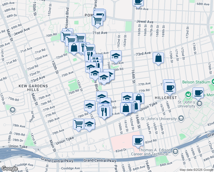 map of restaurants, bars, coffee shops, grocery stores, and more near 158-46 76th Avenue in Queens