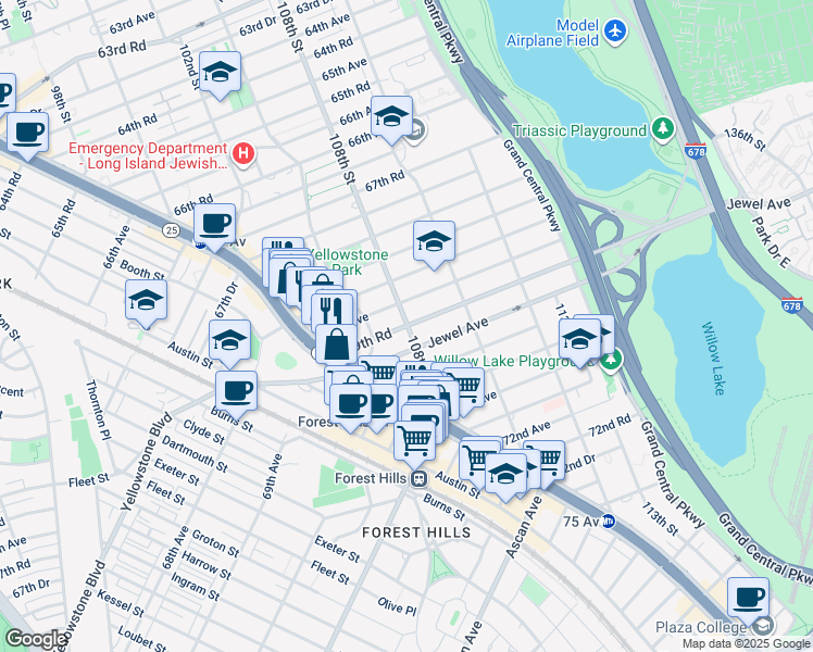 map of restaurants, bars, coffee shops, grocery stores, and more near 108-2 69th Avenue in Queens
