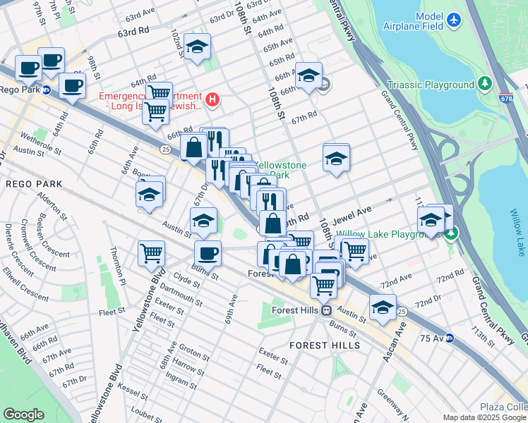 map of restaurants, bars, coffee shops, grocery stores, and more near 68-38 Yellowstone Boulevard in Queens