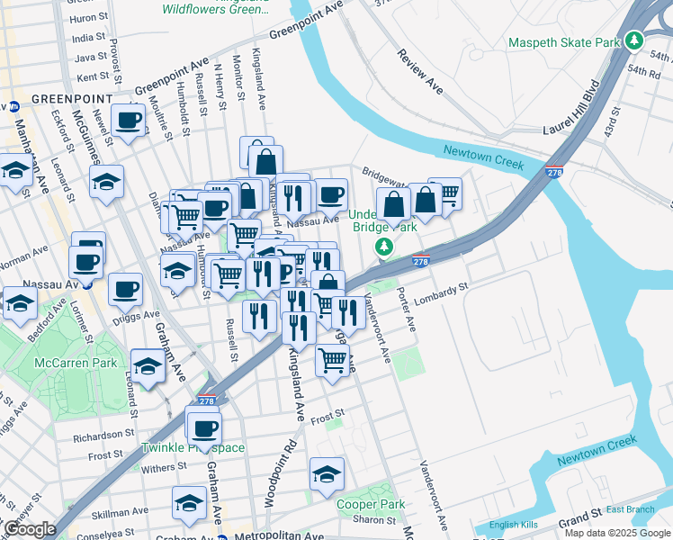 map of restaurants, bars, coffee shops, grocery stores, and more near 594 Morgan Avenue in Brooklyn