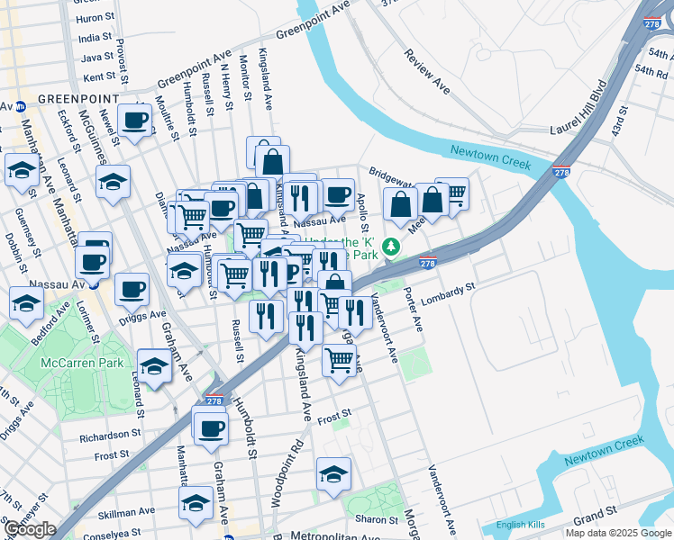 map of restaurants, bars, coffee shops, grocery stores, and more near 594 Morgan Avenue in Brooklyn