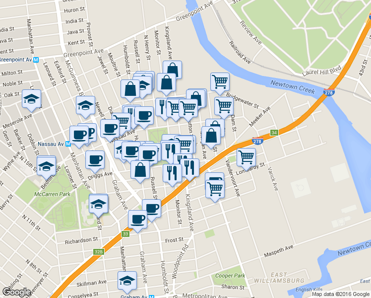 map of restaurants, bars, coffee shops, grocery stores, and more near 61 Sutton Street in Brooklyn