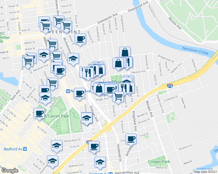 map of restaurants, bars, coffee shops, grocery stores, and more near 207 Nassau Avenue in Brooklyn