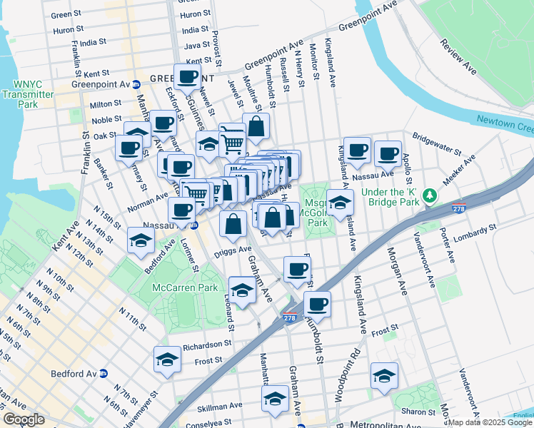 map of restaurants, bars, coffee shops, grocery stores, and more near 147 Nassau Avenue in Brooklyn