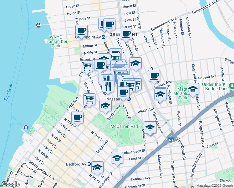map of restaurants, bars, coffee shops, grocery stores, and more near 62 Norman Avenue in Brooklyn