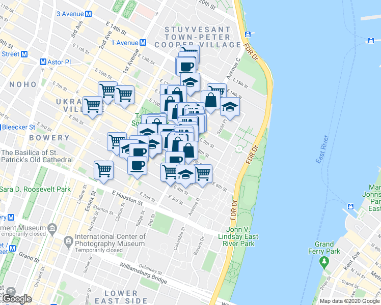 map of restaurants, bars, coffee shops, grocery stores, and more near in New York