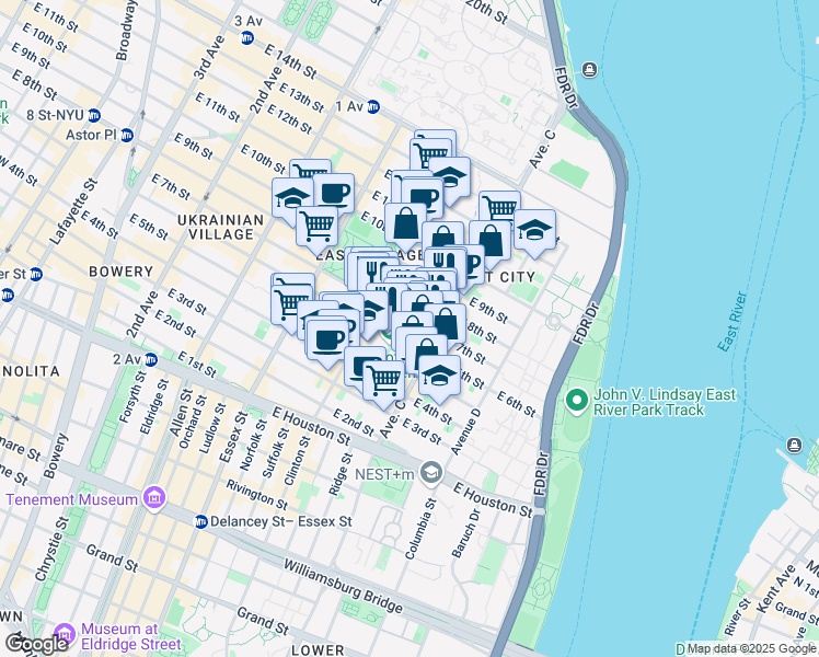 map of restaurants, bars, coffee shops, grocery stores, and more near 308 East 8th Street in New York