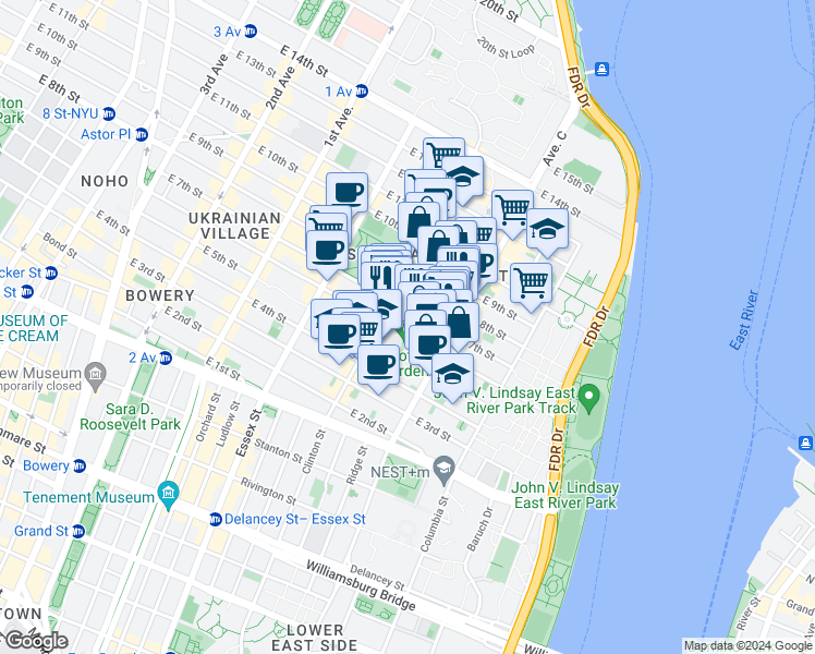map of restaurants, bars, coffee shops, grocery stores, and more near in New York