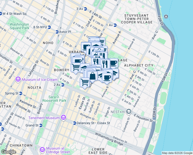 map of restaurants, bars, coffee shops, grocery stores, and more near 79 Avenue A in New York