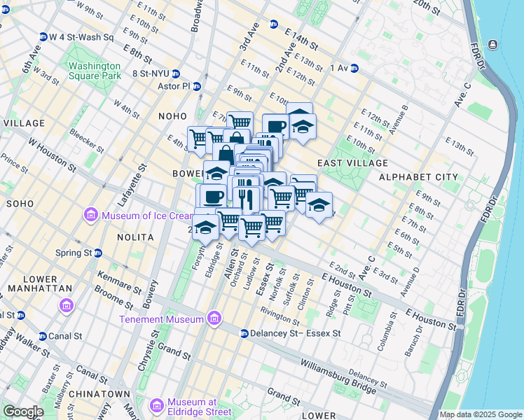map of restaurants, bars, coffee shops, grocery stores, and more near 57 1st Avenue in New York