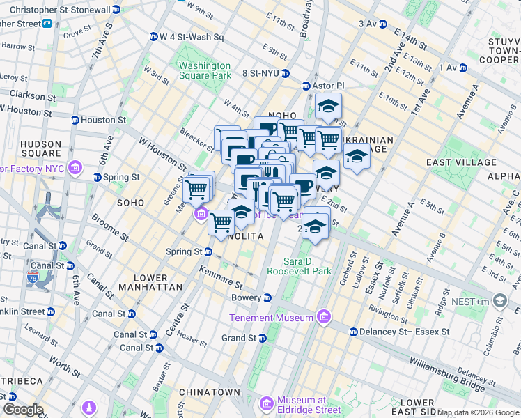map of restaurants, bars, coffee shops, grocery stores, and more near 284 Mott Street in New York