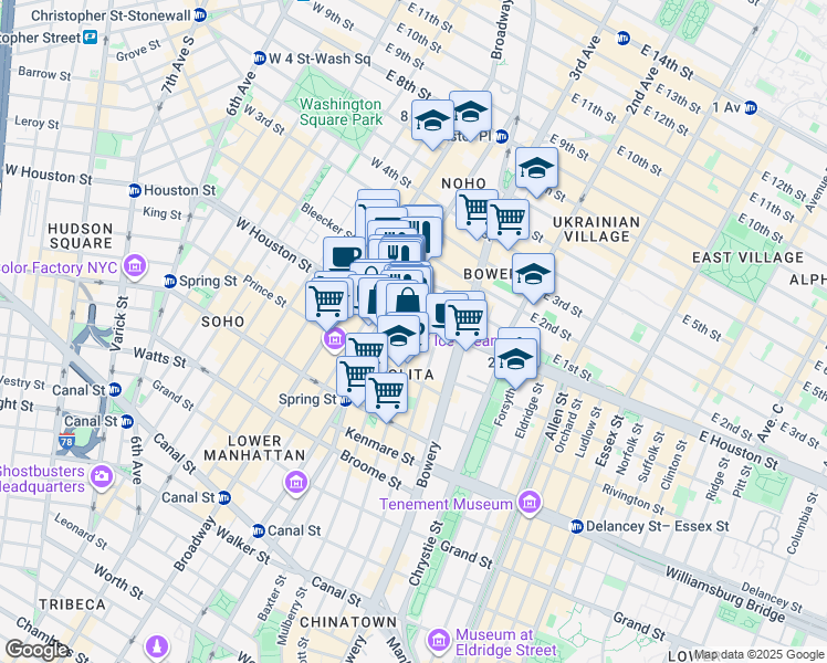 map of restaurants, bars, coffee shops, grocery stores, and more near 324-328 Lafayette Street in New York