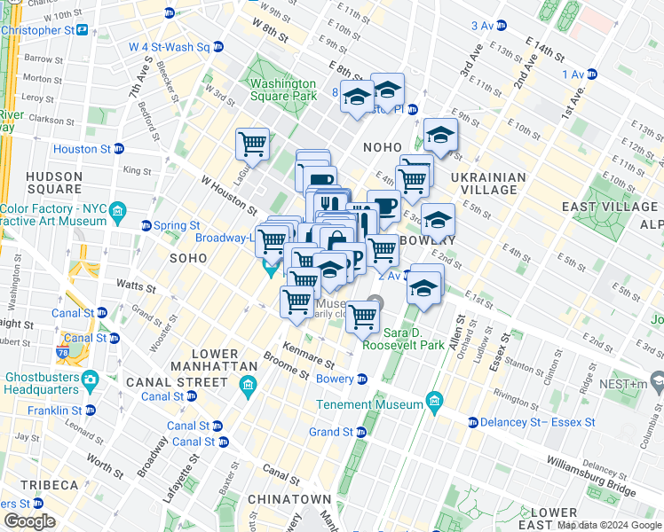 map of restaurants, bars, coffee shops, grocery stores, and more near 324-328 Lafayette Street in New York