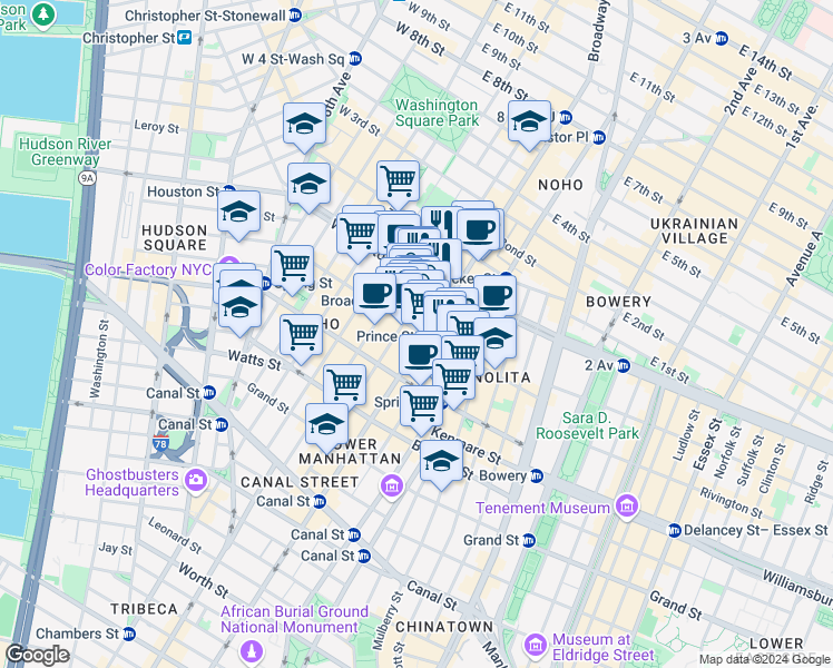 map of restaurants, bars, coffee shops, grocery stores, and more near in New York