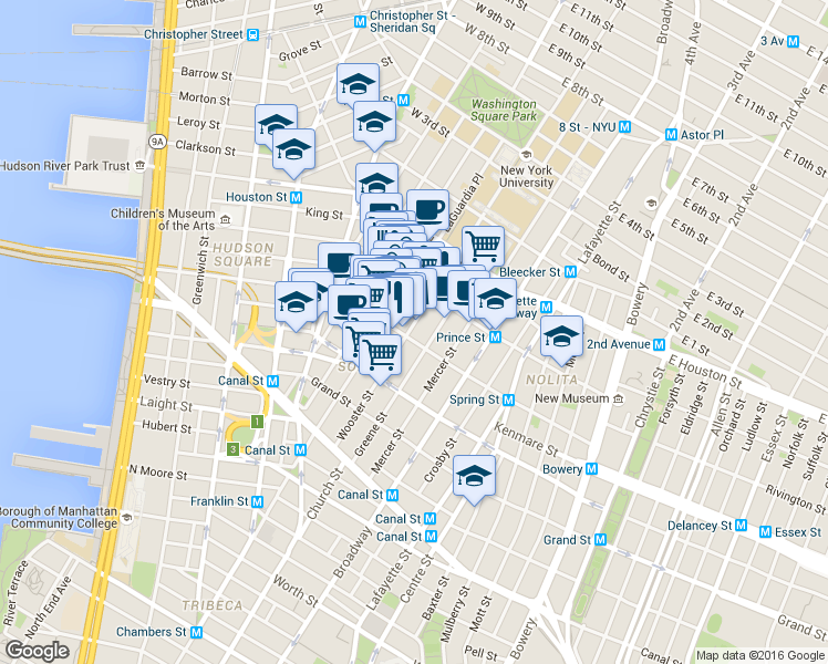 map of restaurants, bars, coffee shops, grocery stores, and more near 423 West Broadway in New York
