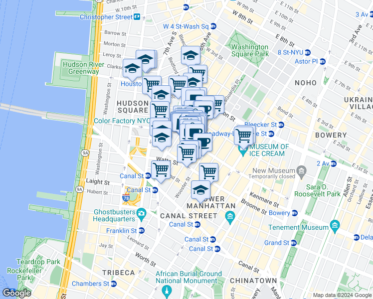 map of restaurants, bars, coffee shops, grocery stores, and more near in New York