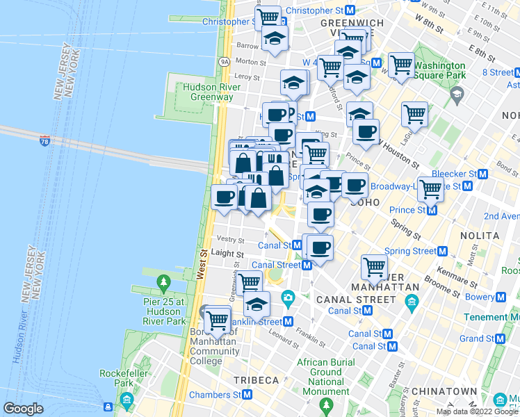map of restaurants, bars, coffee shops, grocery stores, and more near 15 Renwick Street in New York