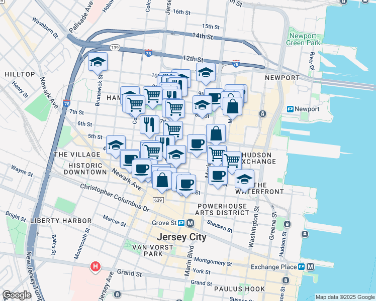 map of restaurants, bars, coffee shops, grocery stores, and more near 441 Manila Avenue in Jersey City