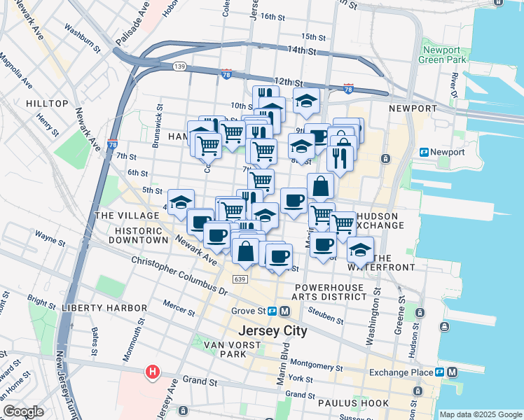 map of restaurants, bars, coffee shops, grocery stores, and more near 441 Manila Avenue in Jersey City