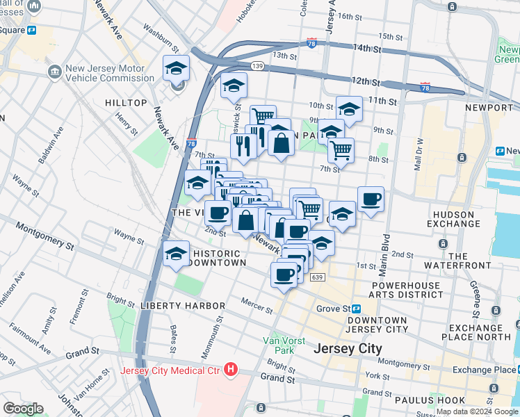 map of restaurants, bars, coffee shops, grocery stores, and more near 437 Monmouth Street in Jersey City