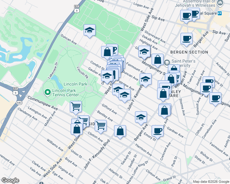 map of restaurants, bars, coffee shops, grocery stores, and more near 720 West Side Avenue in Jersey City