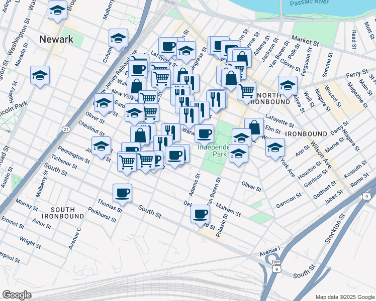 map of restaurants, bars, coffee shops, grocery stores, and more near 81 Nichols Street in Newark
