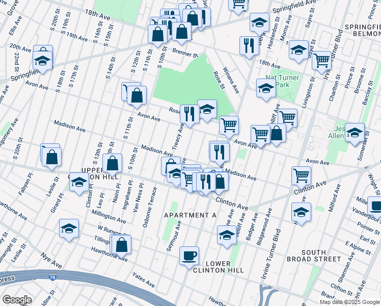map of restaurants, bars, coffee shops, grocery stores, and more near 15 Farley Avenue in Newark