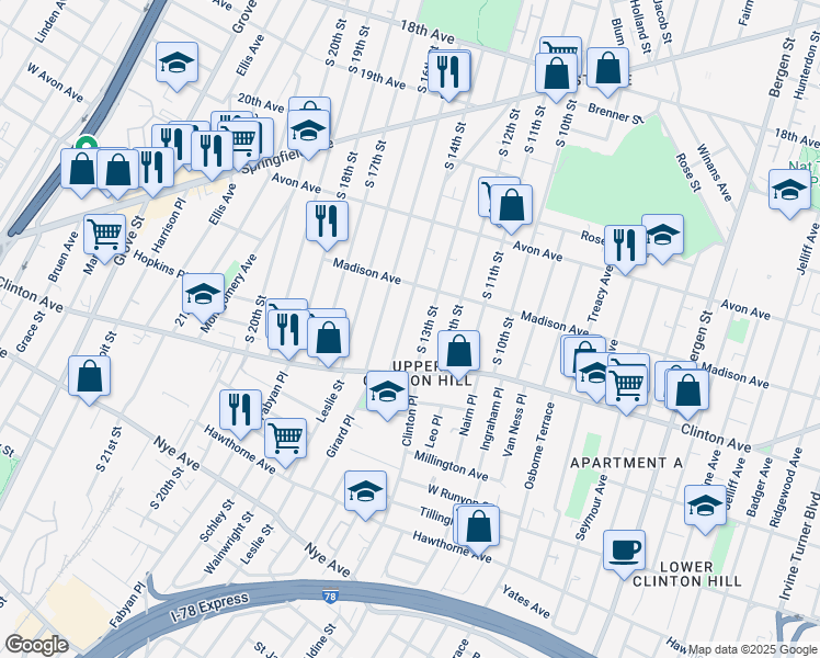map of restaurants, bars, coffee shops, grocery stores, and more near 844 South 15th Street in Newark