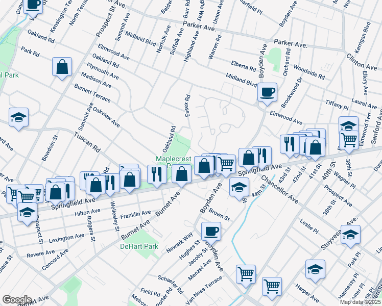 map of restaurants, bars, coffee shops, grocery stores, and more near 45 Essex Road in Maplewood