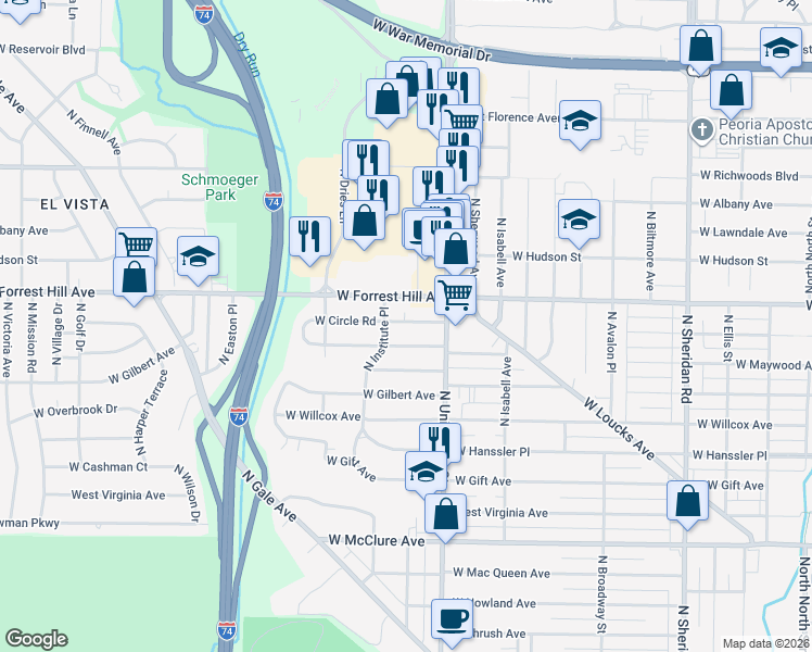 map of restaurants, bars, coffee shops, grocery stores, and more near 1402 West Forrest Hill Avenue in Peoria