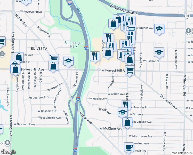 map of restaurants, bars, coffee shops, grocery stores, and more near 1526 West Forrest Hill Avenue in Peoria